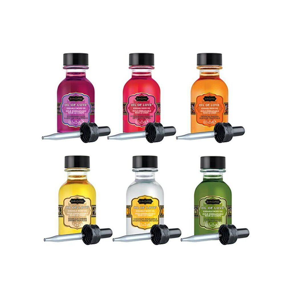 Sei bottiglie di olio colorato con pipette. Colori: viola, rosso, arancione, giallo, trasparente, verde. Scritta: OIL OF LOVE.