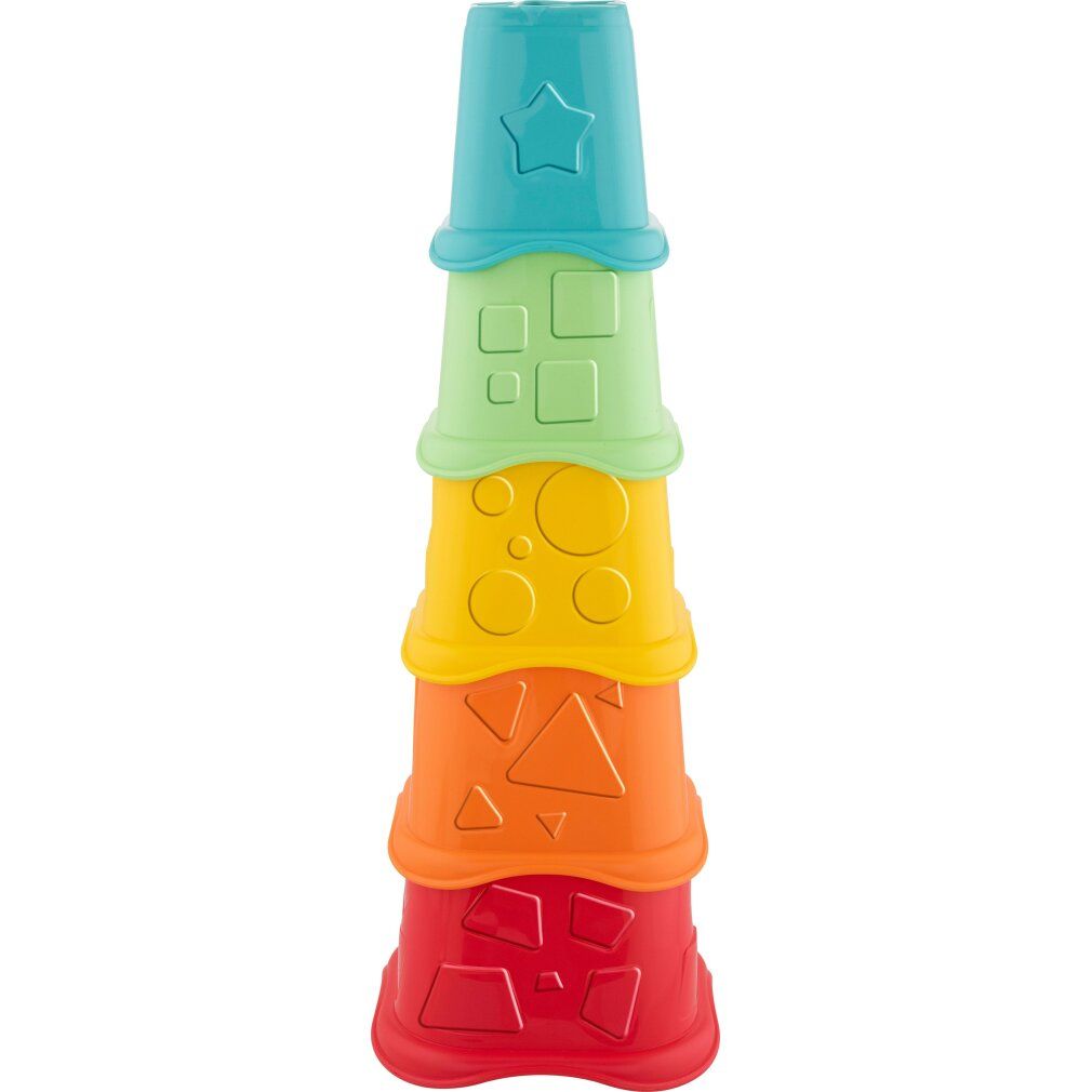 Tazze impilabili multicolore, 6 pezzi, con forme geometriche e stella. Le tazze sono impilate.