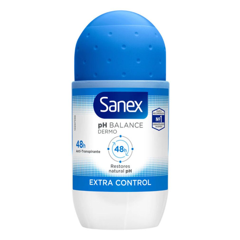 Roll-on Sanex pH Balance Dermo Extra Control. Tappo blu, flacone bianco. Testo: Extra Control, 48h.