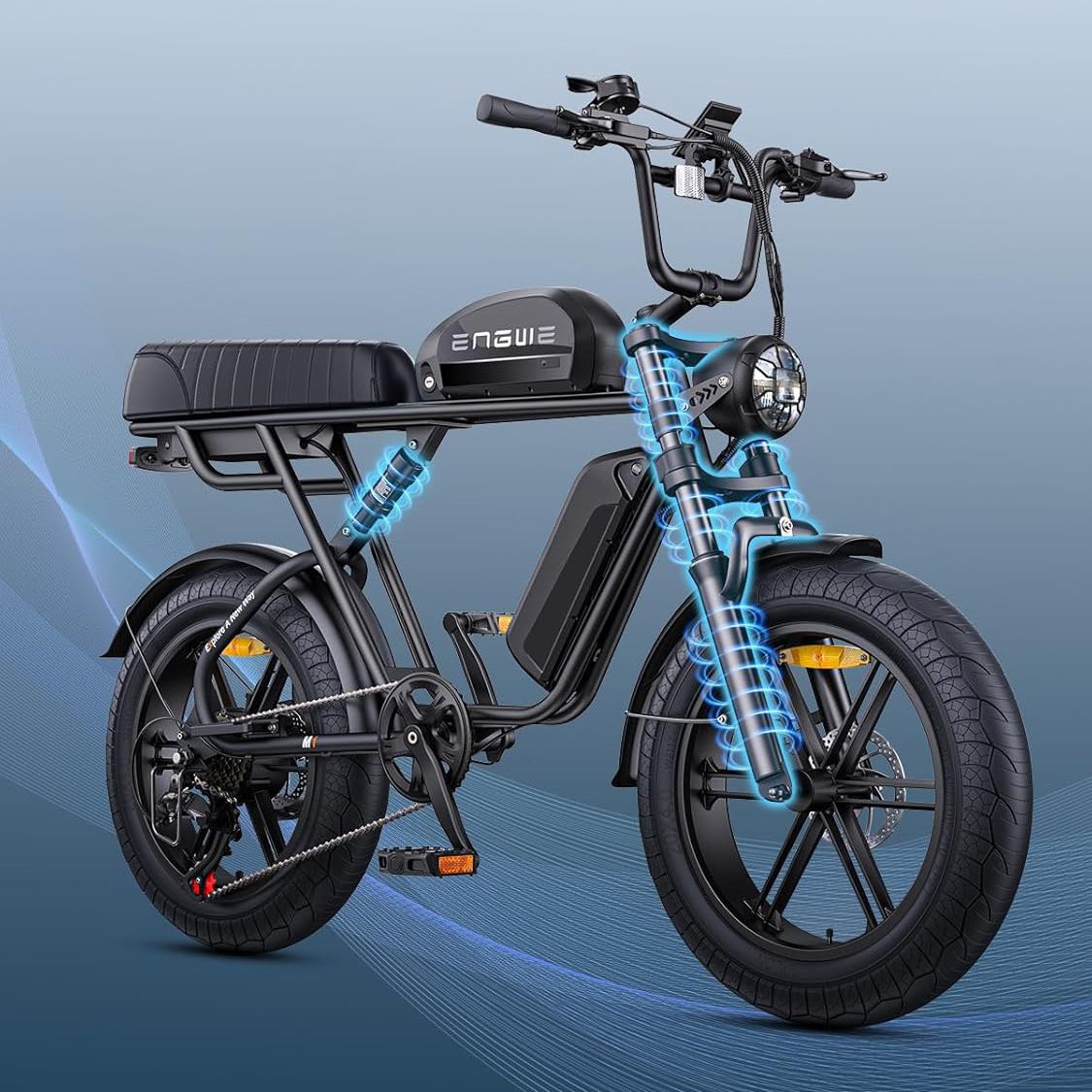 E-bike nera. Linee blu mostrano la sospensione. Visibile: telaio, sella, batteria, faro.