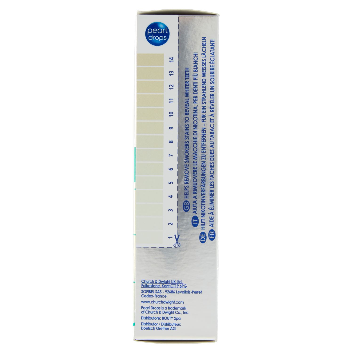 Confezione con scala colori. Testo: "Aiuta a rimuovere le macchie dei fumatori". Contiene scala colori per denti.