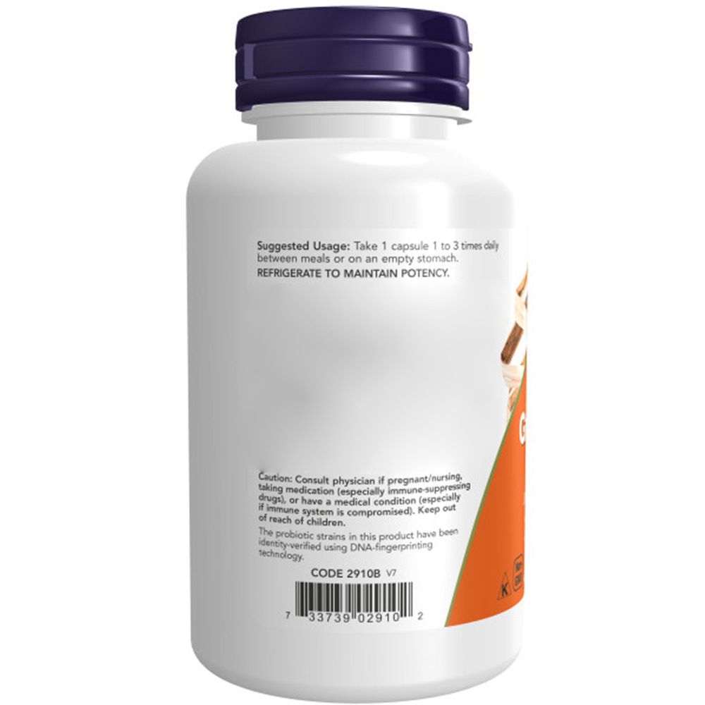 Flacone bianco con tappo blu. Etichetta arancione con testo: Suggested Usage, CODE 29108 V1. NOW Foods, Gr8-Dophilus.