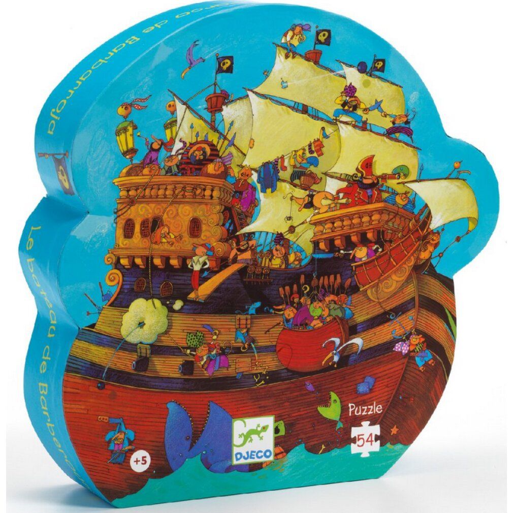 Puzzle Barbarossa Djeco. Scatola blu sagomata con illustrazione di nave pirata. 54 pezzi. Consigliato +5 anni.