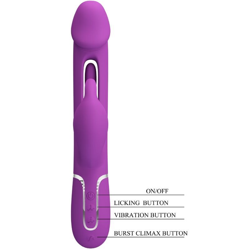 Vibratore coniglio viola con etichettatura dei pulsanti: ON/OFF, LICKING, VIBRATION, BURST CLIMAX.