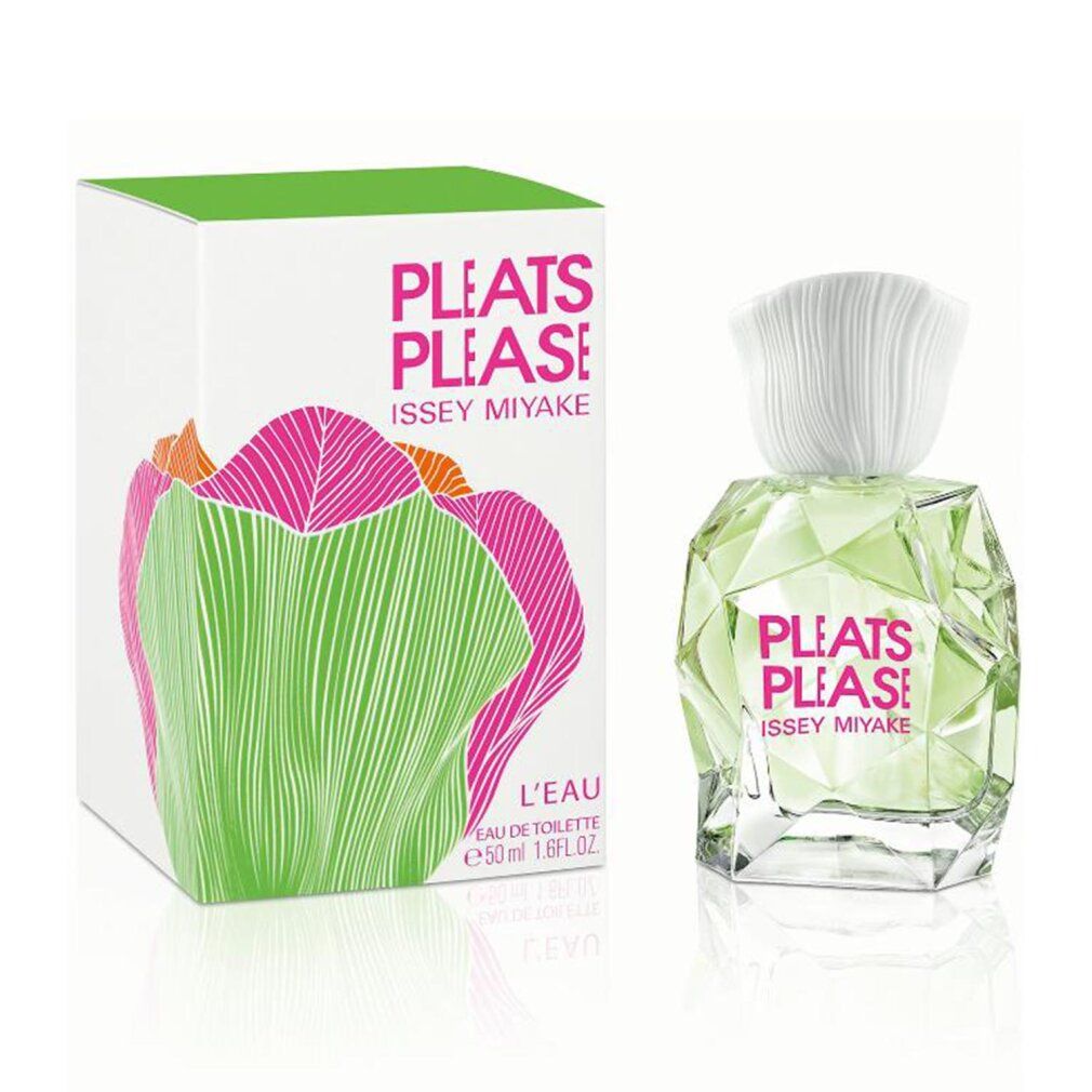 Flacone e confezione. Confezione con design floreale. Scritta: PLEATS PLEASE ISSEY MIYAKE.