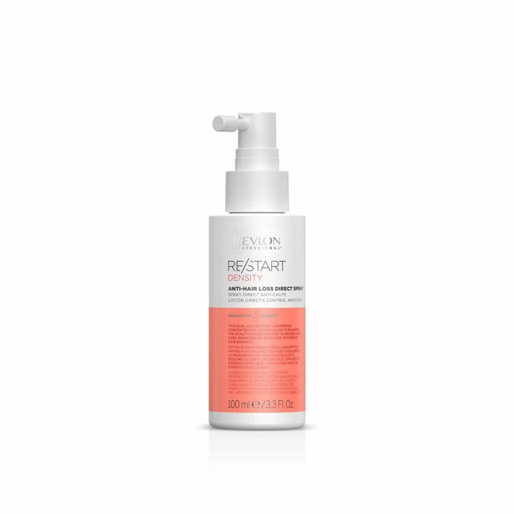 Spray bianco con erogatore. Scritta: Revlon Professional, Re/Start Density, Anti-Hair Loss Direct Spray. Etichetta rosa con testo.