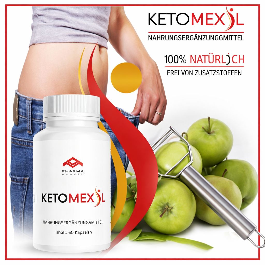 Flacone bianco di capsule con design rosso e giallo. Scritta: KETOMEXIL, Pharma Health. Contenuto: 60 capsule. Sfondo: mele e persona.