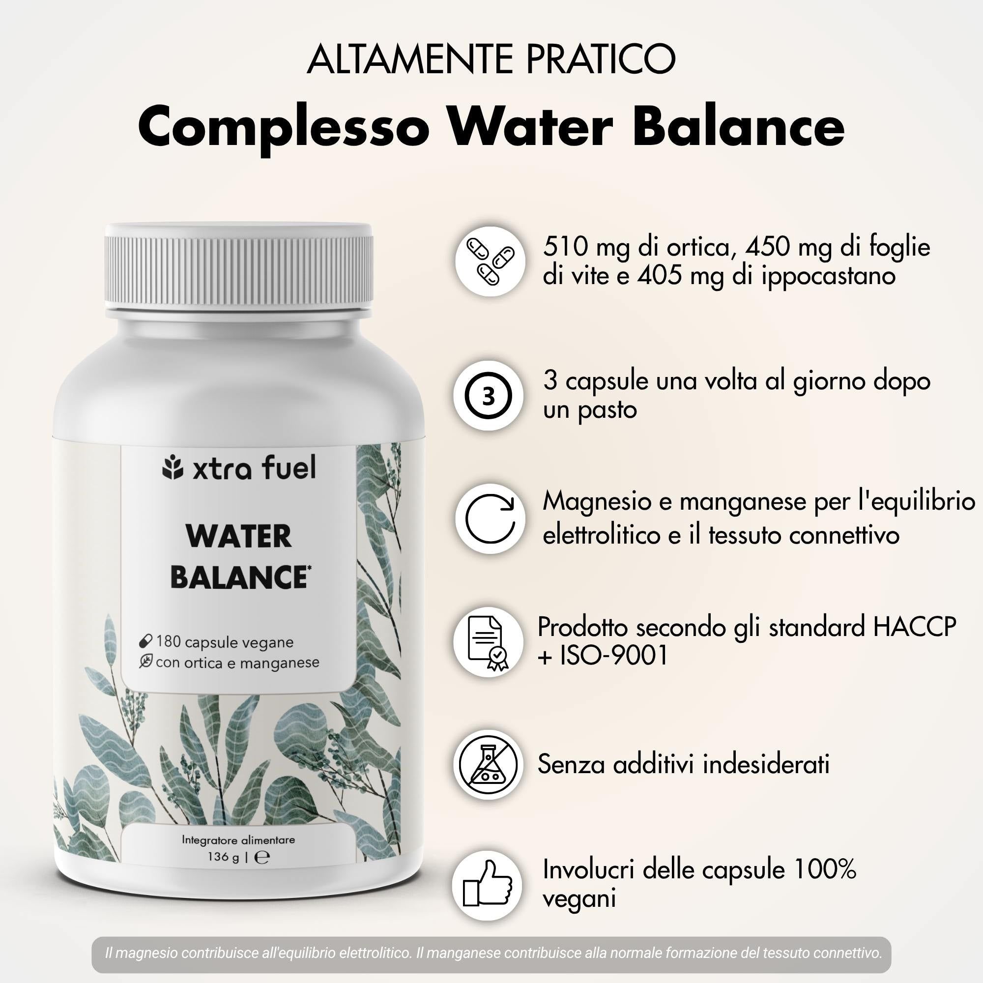 XTRA FUEL Water Balance - Complesso nutritivo 5 in 1 con ortica, foglie di vite rossa e ippocastano
