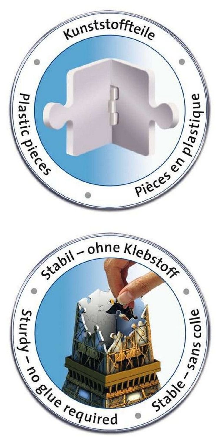 Due illustrazioni circolari. Sopra: pezzi del puzzle. Sotto: mano che inserisce un pezzo nel puzzle 3D Torre Eiffel. Testo: Pezzi in plastica, Stabile.