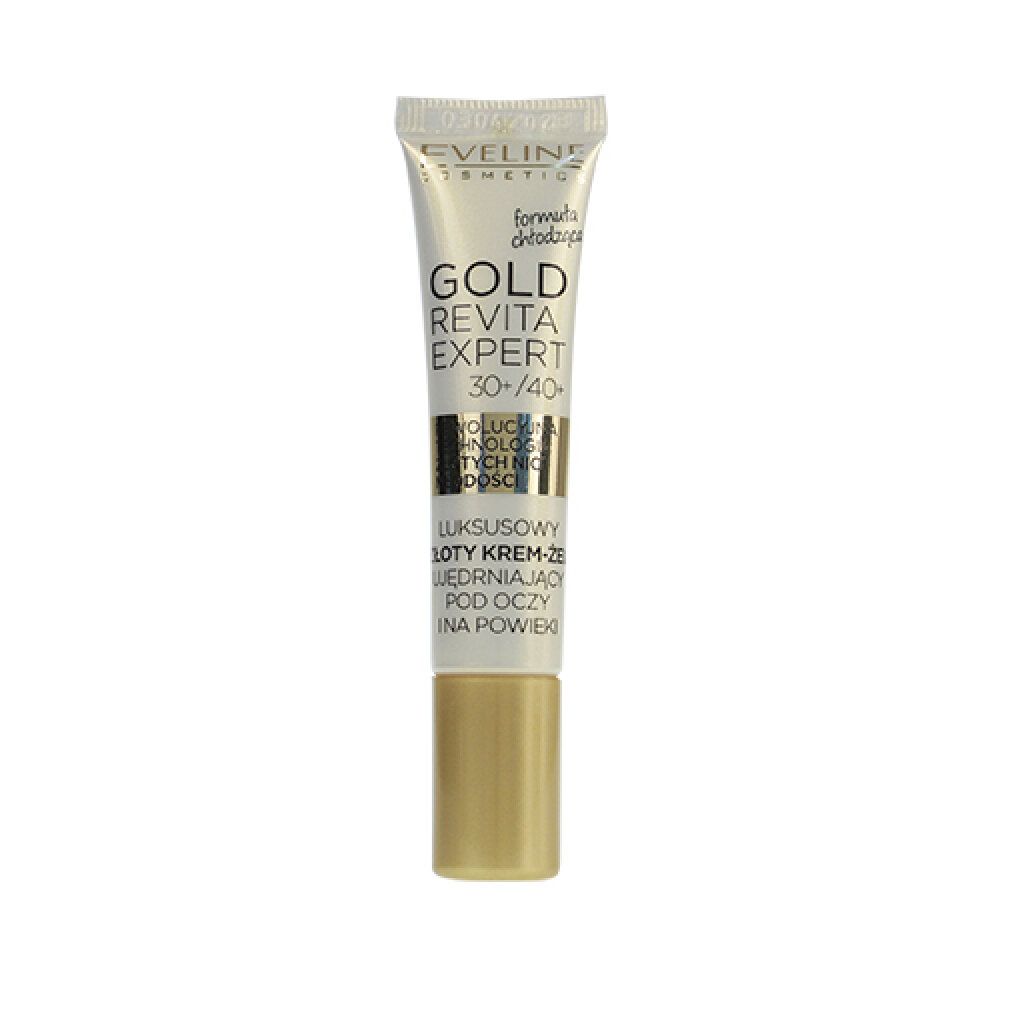 Tubo di crema-gel 'Eveline Cosmetics Gold Revita Expert 30+/40+'. Tappo dorato. Testo in polacco.