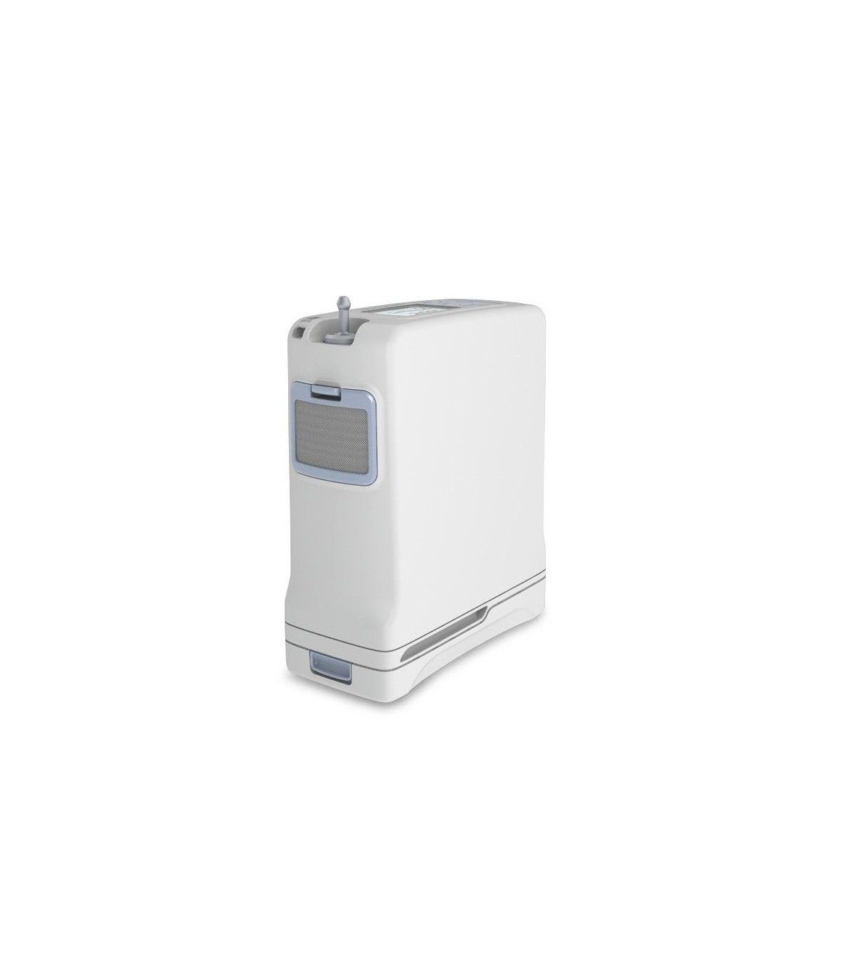 Concentratore di ossigeno mobile bianco con griglia di ventilazione blu e controlli.