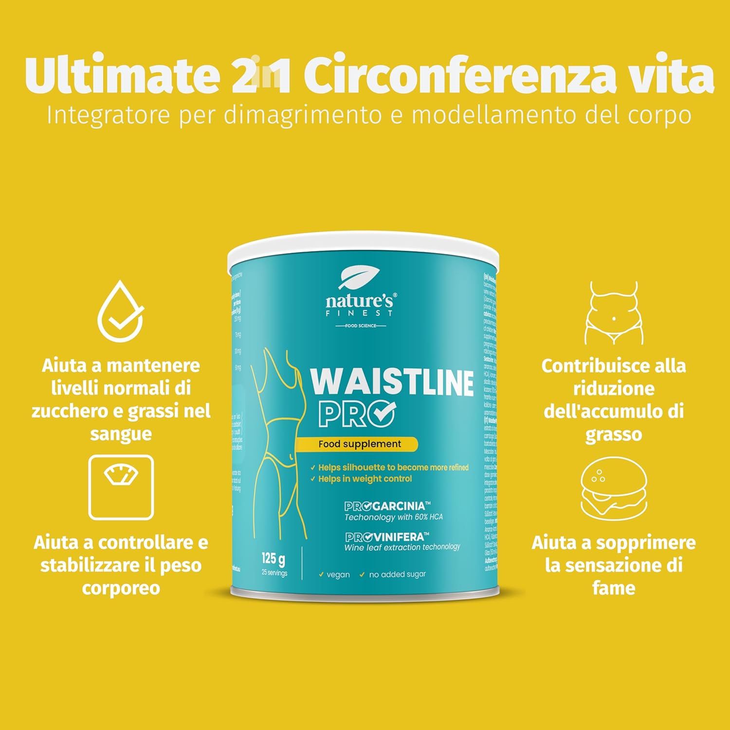 Barattolo "Waistline Pro" su sfondo giallo. Testo: "Ultimate 2 in 1". Illustrazioni e icone. 125g.