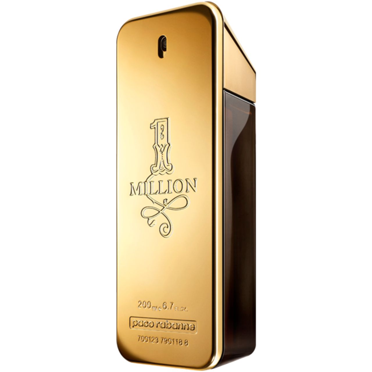Flacone dorato "1 Million". Erogatore nero. Scritta "paco rabanne" in basso.
