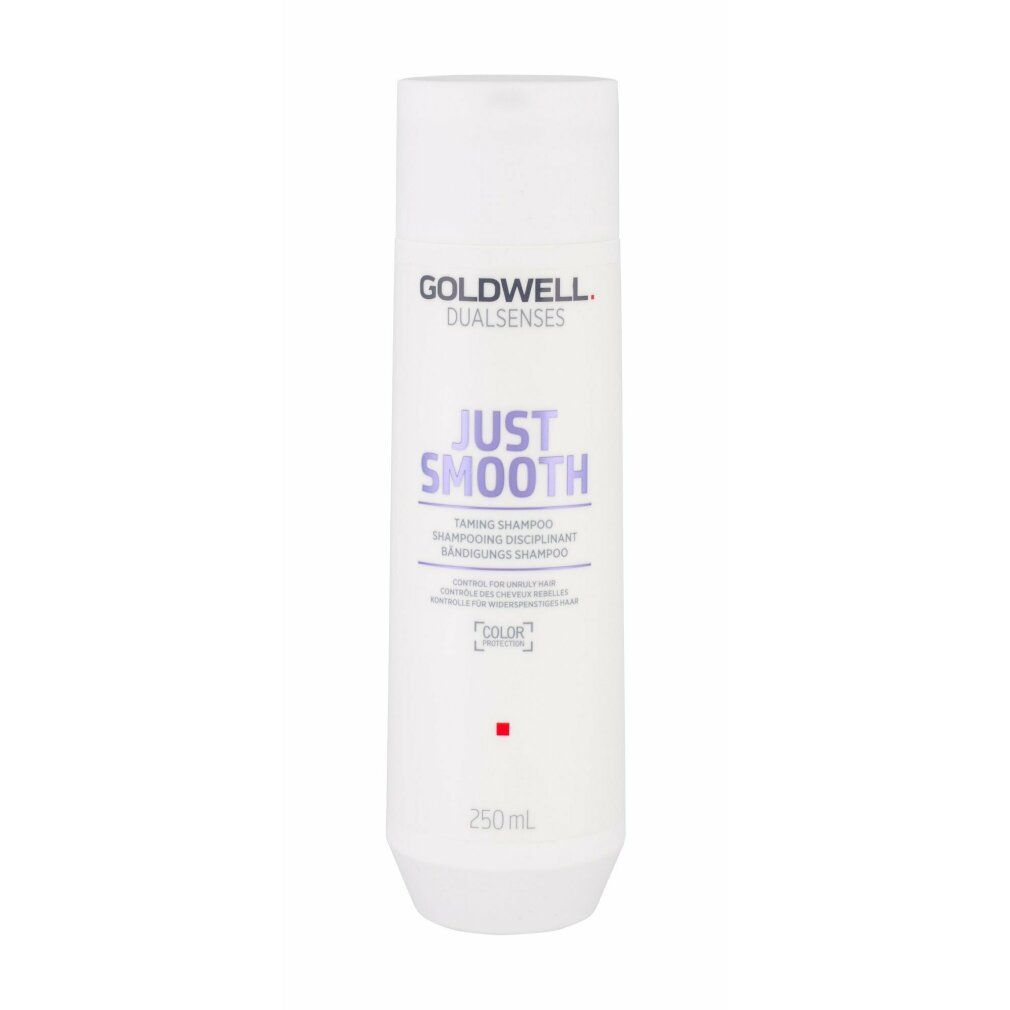 Flacone di shampoo bianco con scritta viola "JUST SMOOTH" e "GOLDWELL DUALSENSES". Contiene 250ml.