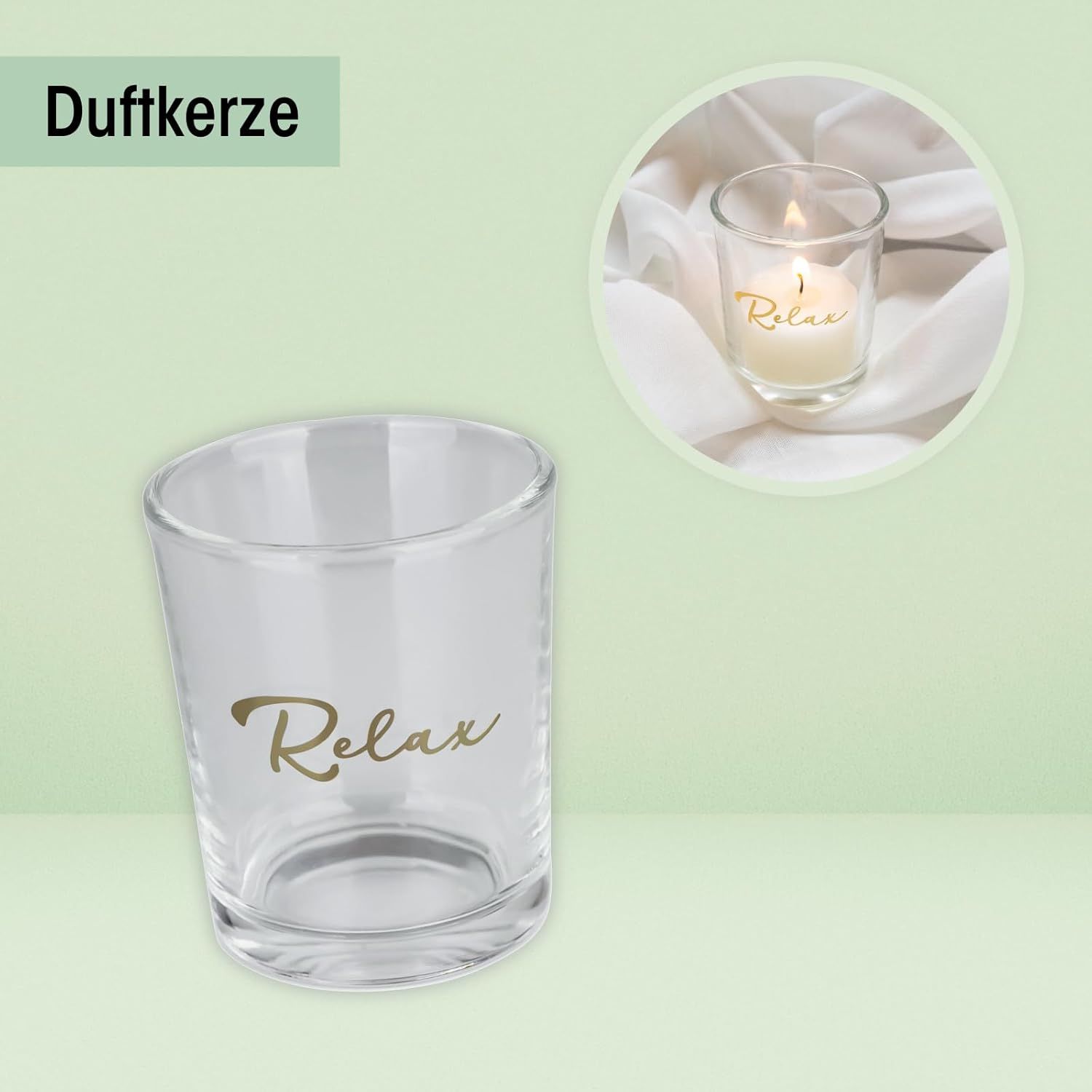 Candela profumata in bicchiere con scritta 'Relax'.