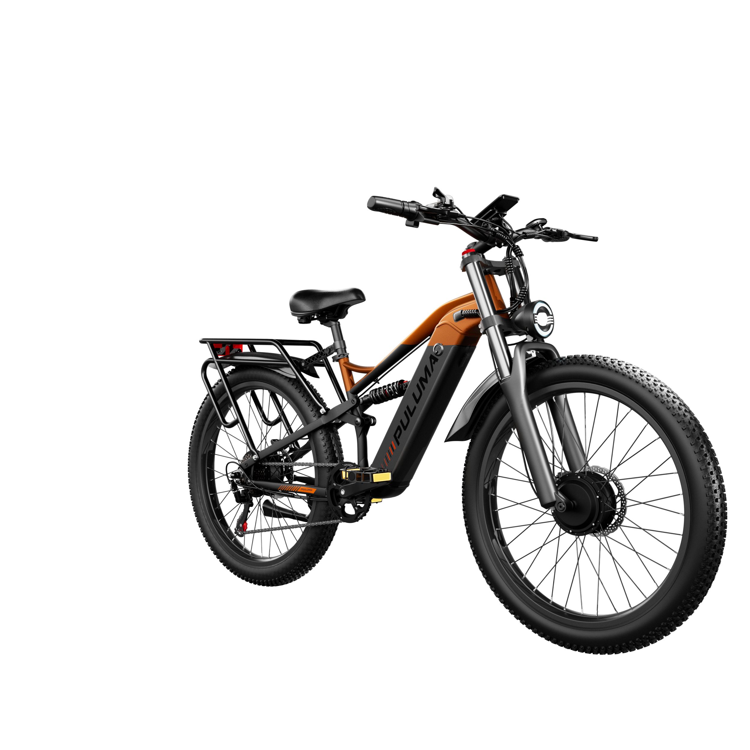 E-bike PULUMA PE86 Pro con doppio motore. Telaio arancione, pneumatici neri e portapacchi. Vista frontale.