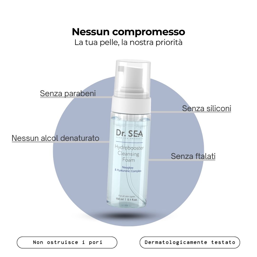 Flacone con testo. Testo: Nessun compromesso. Senza parabeni, siliconi, alcool denaturato, ftalati. Dermatologicamente testato.
