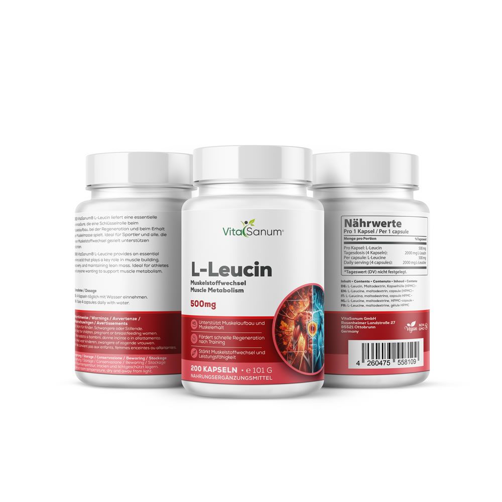 Capsule VitaSanum L-Leucina, 500mg. Tre contenitori, integratore alimentare per il metabolismo muscolare.