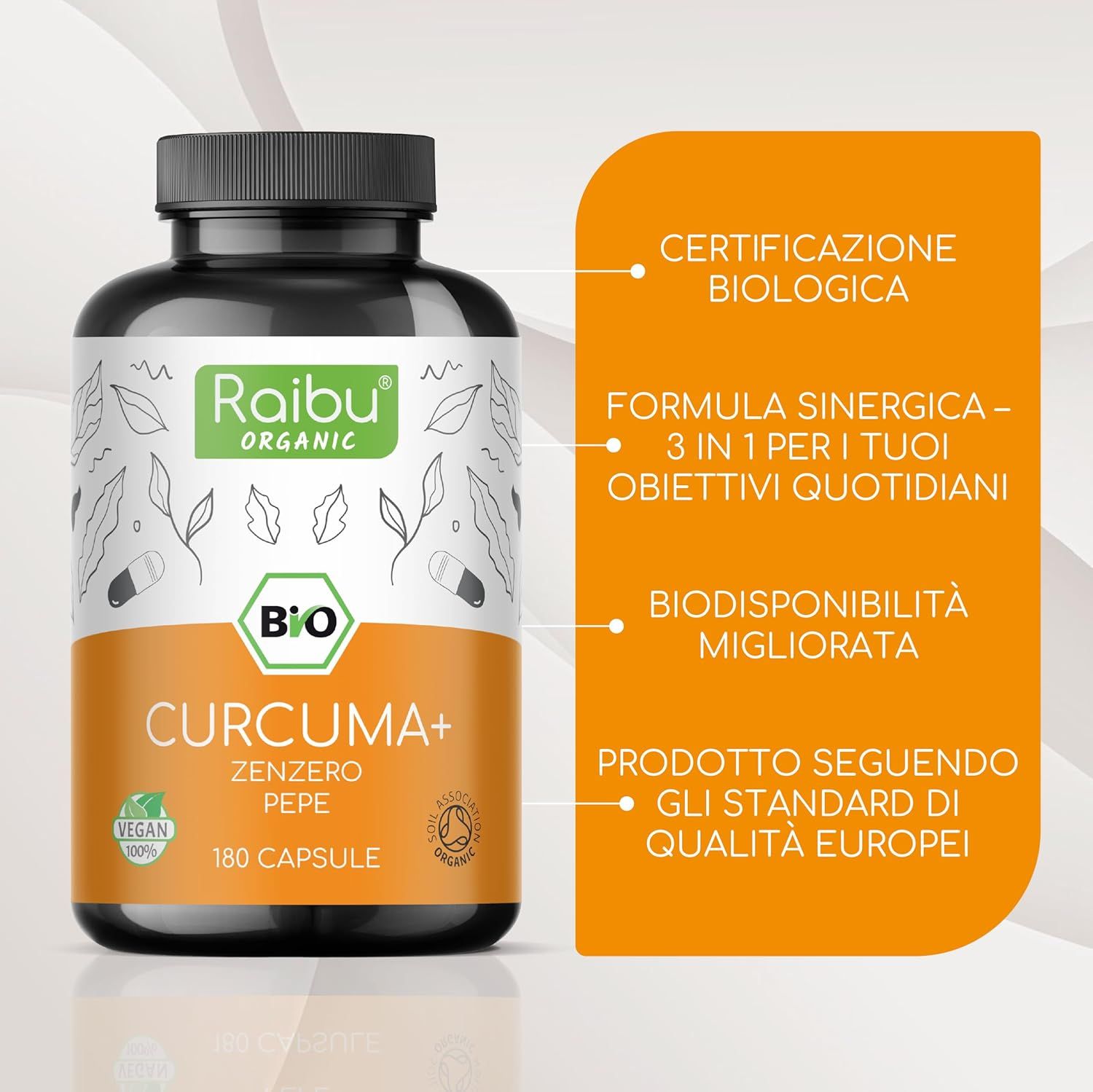 Bottiglia marrone con capsule. Testo: CURCUMA+ Zenzero Pepe. 180 capsule. Sigillo biologico. Testo su sfondo giallo.