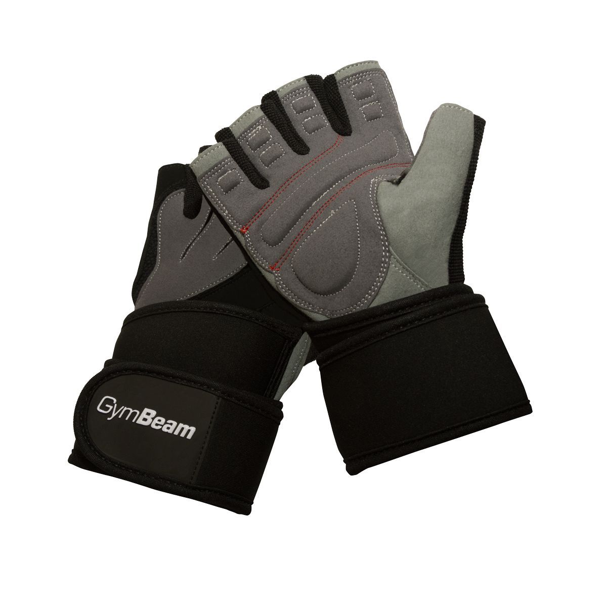 Coppia di guanti da fitness in pelle neri e grigi da uomo, con chiusura in velcro e logo GymBeam.