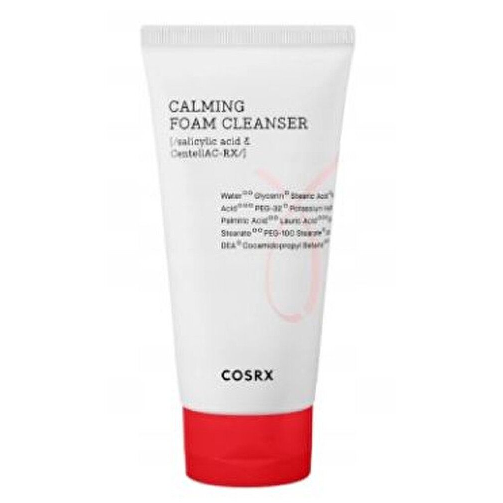 Tubo bianco con base rossa. Scritta: CALMING FOAM CLEANSER, ingredienti. Marchio: COSRX.