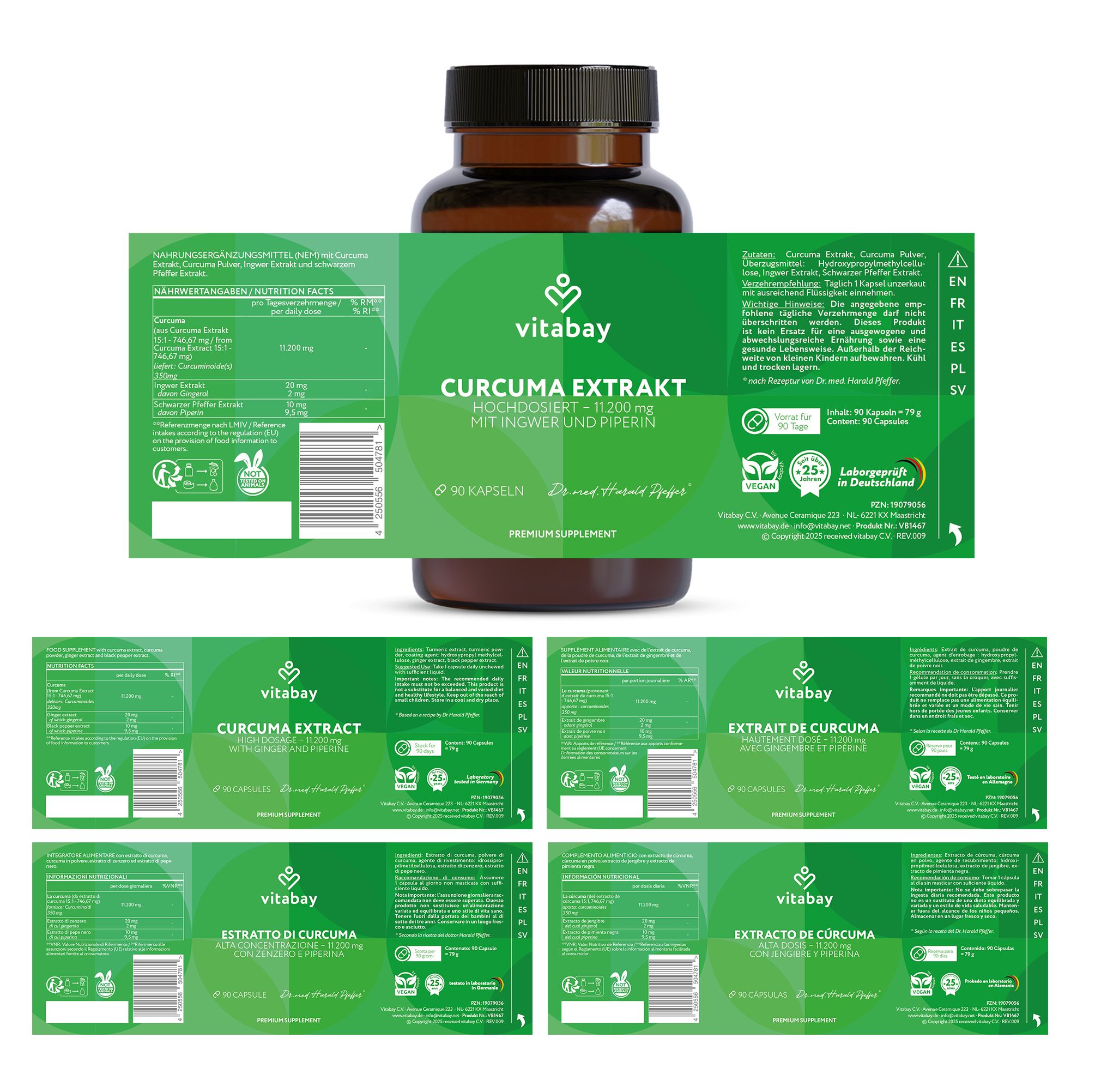 Flacone di vetro marrone con etichetta verde. Testo: Curcuma Extrakt, 90 capsule. Diverse etichette con informazioni sul prodotto.