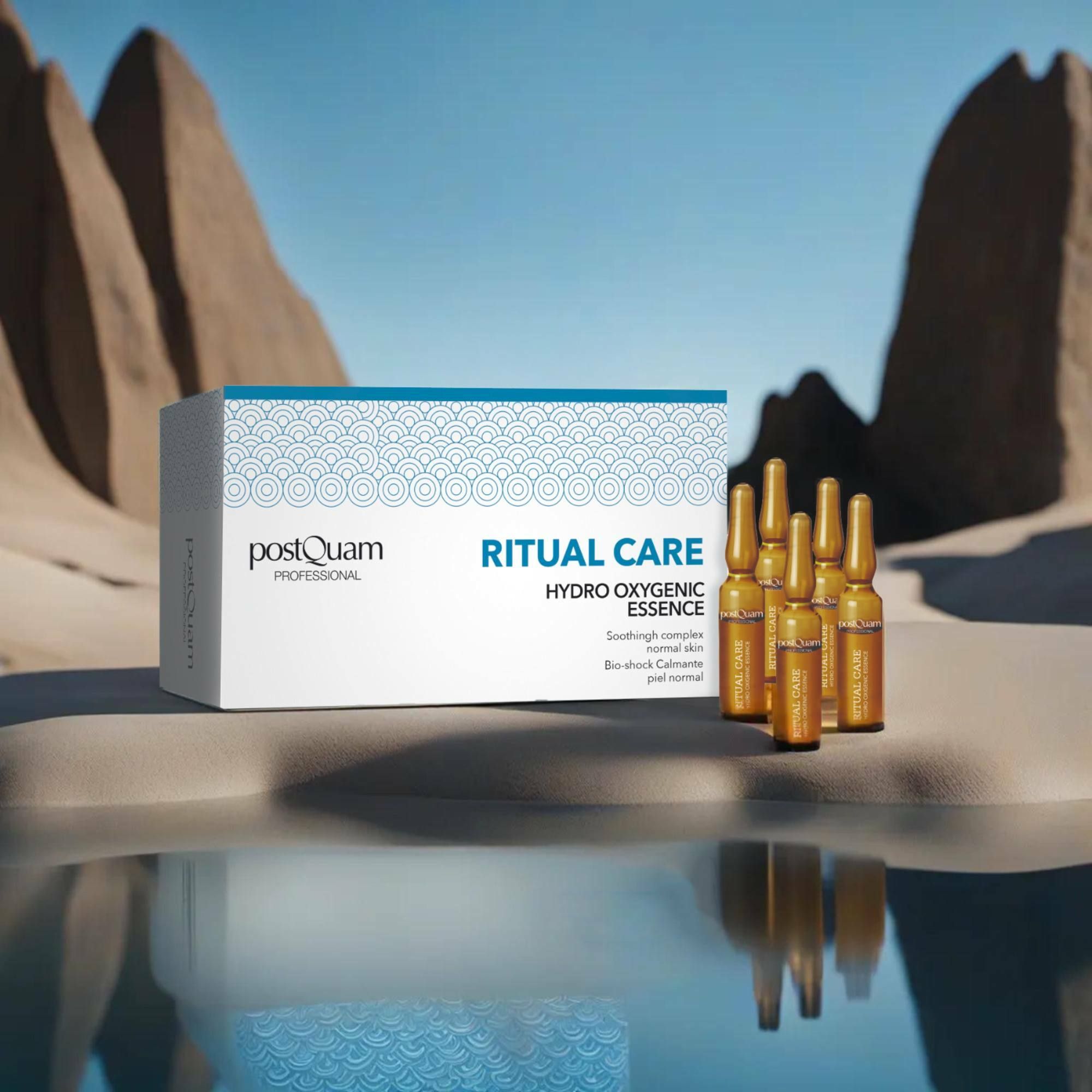 Confezione con fiale davanti a un paesaggio desertico. Scritta 'Postquam Professional', 'Ritual Care Hydro Oxygenic Essence'.