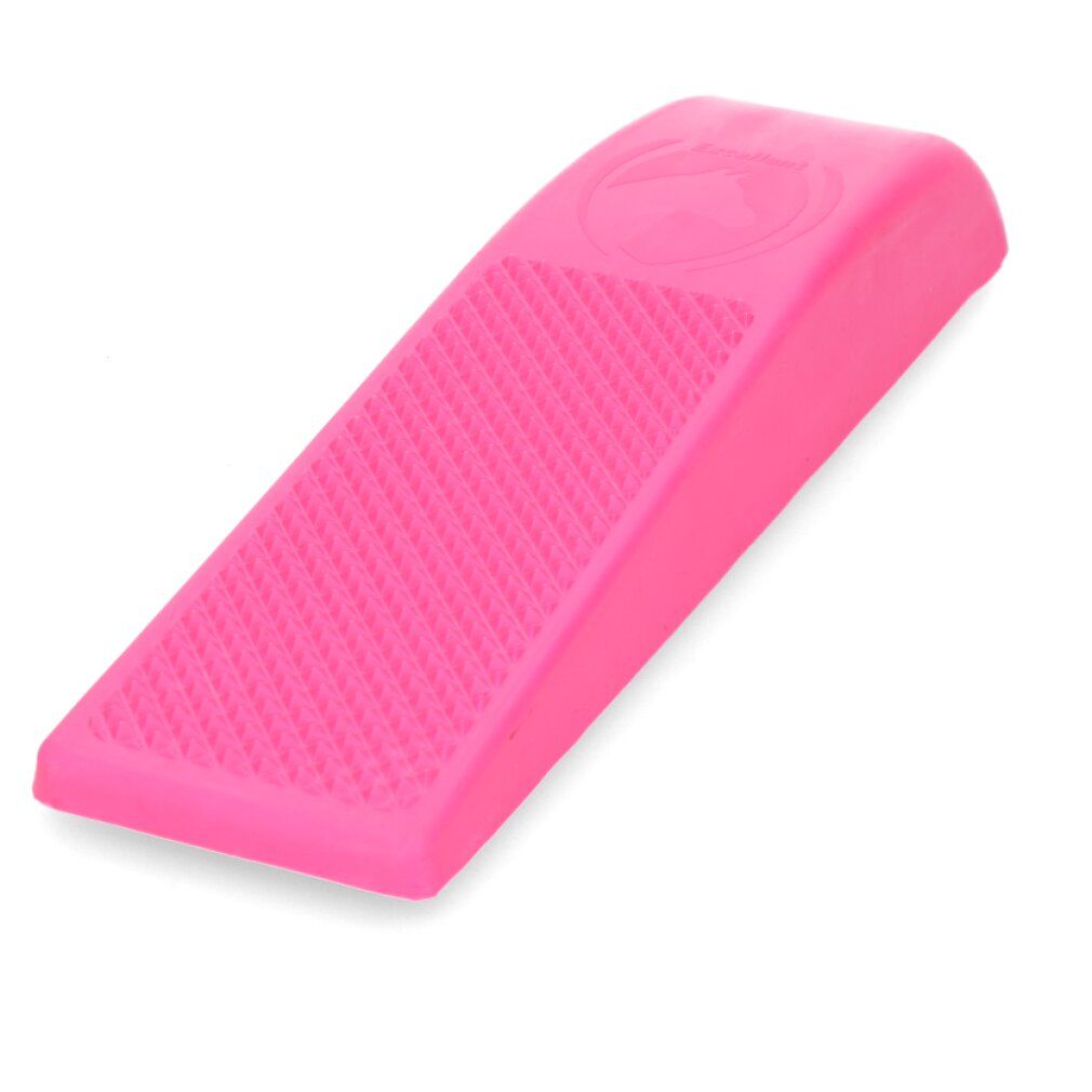 Spazzola rosa a forma di cuneo, superficie zigrinata. Logo sulla parte superiore.