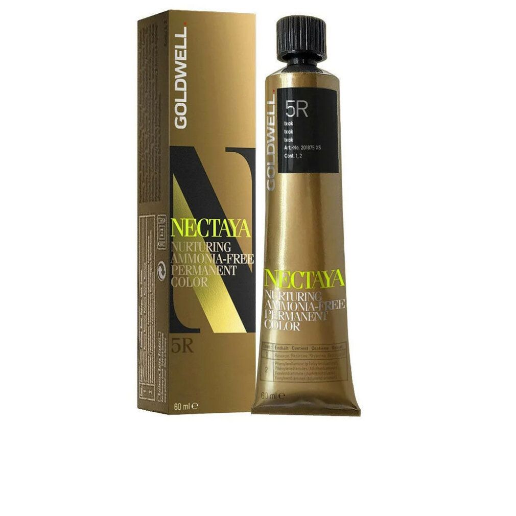 Colorazione Goldwell Nectaya e confezione. Scritta: 5R. Nurturing Ammonia-Free Permanent Color.