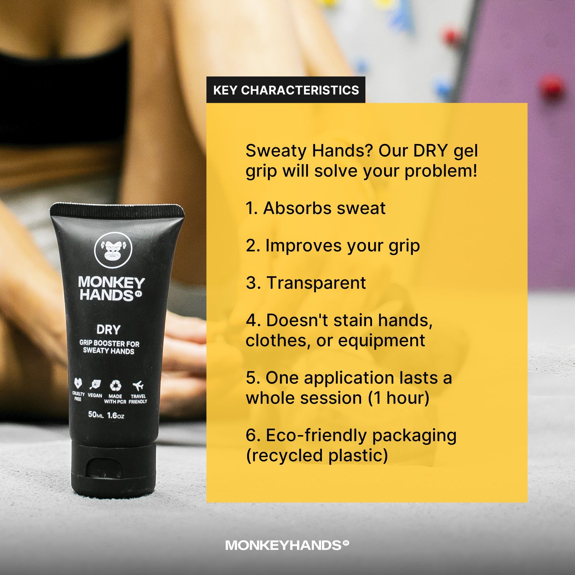 Tubo nero di gel Monkey Hands DRY con caratteristiche chiave elencate su un campo giallo. Una donna si allena sullo sfondo.
