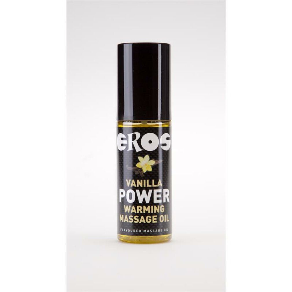 Flacone cilindrico con tappo nero. Scritta: EROS, VANILLA POWER, WARMING MASSAGE OIL. Liquido giallo visibile.