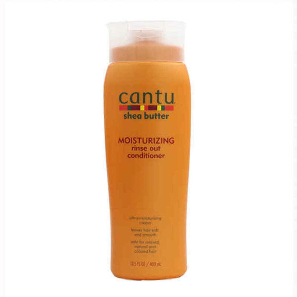 Flacone arancione con etichetta Cantu Shea Butter Moisturizing Rinse Out Conditioner. Contiene 13,5 fl oz / 400 ml.