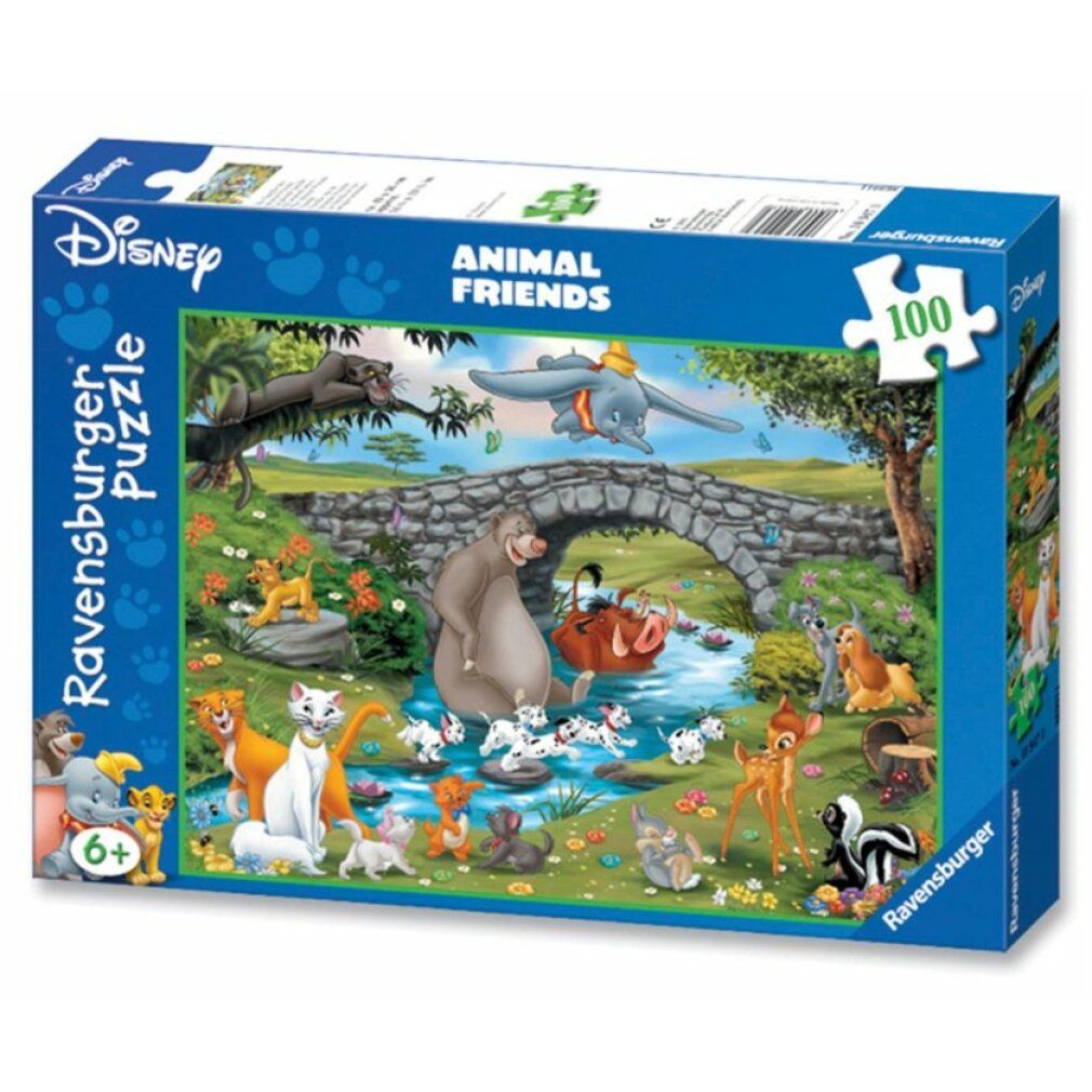 Scatola puzzle Ravensburger con motivo Disney. 100 pezzi, dai 6 anni in su. Animali vicino al fiume. Confezione.