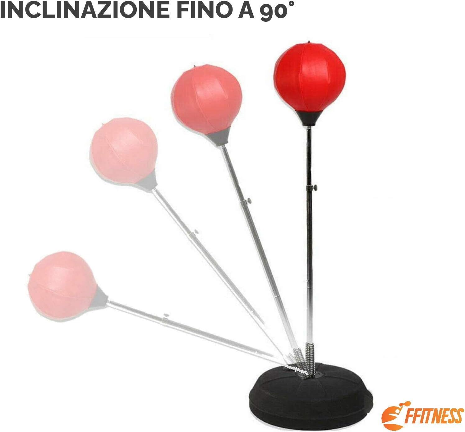 Sacco da boxe con supporto. Palla rossa su base nera. Inclinazione fino a 90 gradi. Logo FFitness.