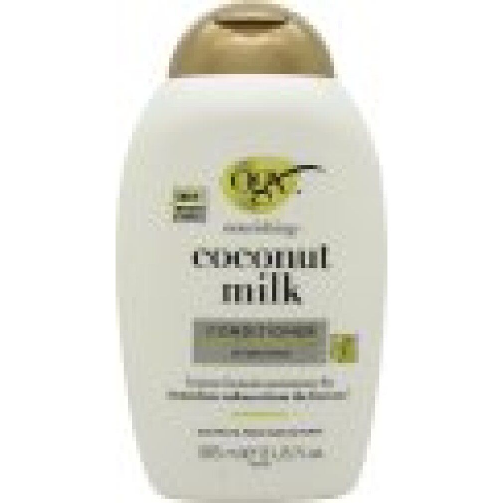 Flacone bianco OGX Coconut Milk Conditioner con tappo dorato e testo su idratazione e morbidezza.
