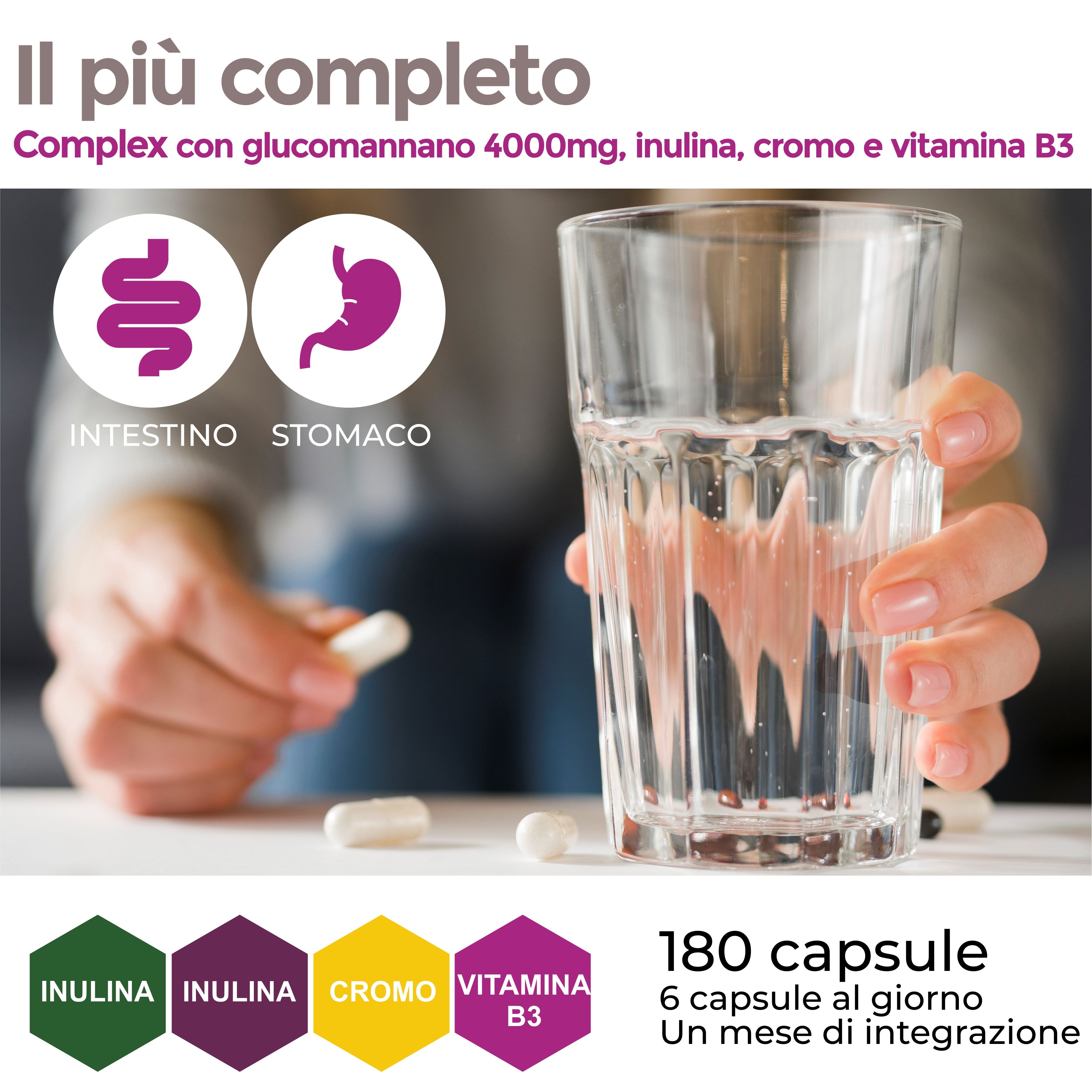 Bicchiere d'acqua, capsule. Testo: 180 capsule, inulina, cromo, vitamina B3. 6 capsule al giorno.