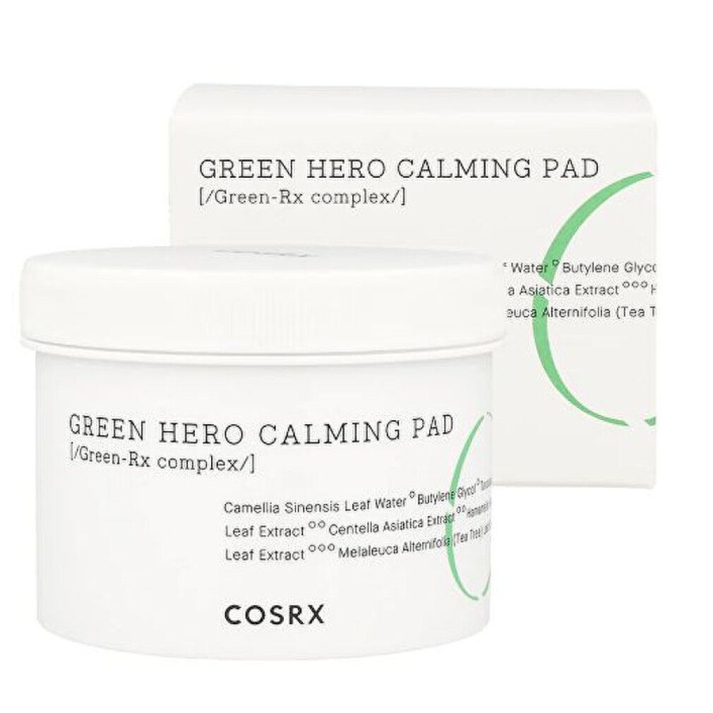 COSRX Green Hero Calming Pad: barattolo e scatola aperta con informazioni sul prodotto e accenti verdi.