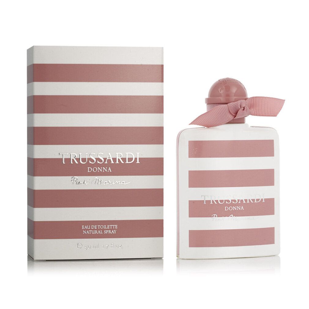 Flacone e scatola a strisce rosa. Scritta: Trussardi Donna Pink Marina.