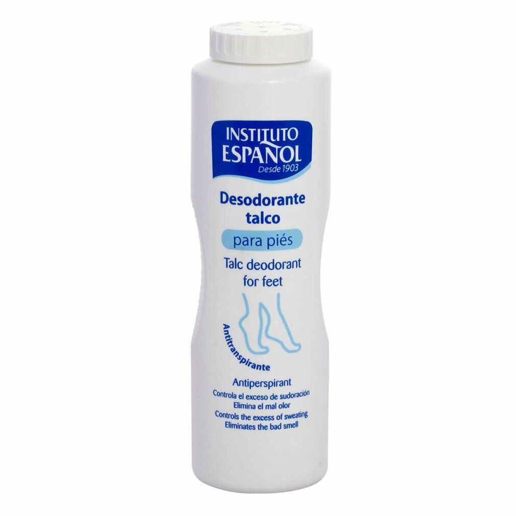 Flacone bianco con etichetta blu. Scritta: Instituto Español, Desodorante talco para pies, Talc deodorant for feet. Illustrazione piedi.