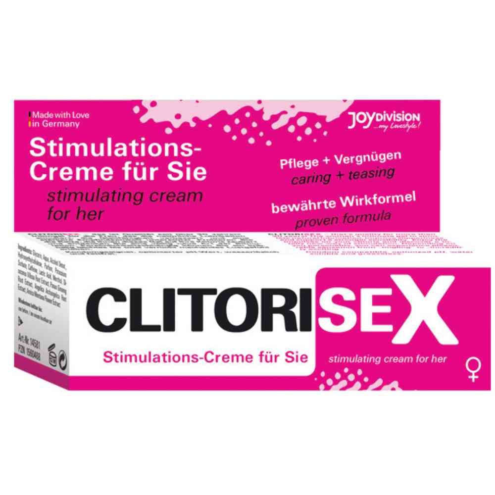 Confezione di CLITORISEX. Testo: Stimulations-Creme für Sie, stimulating cream for her. Rosa e bianco. Marchio: joydivision.