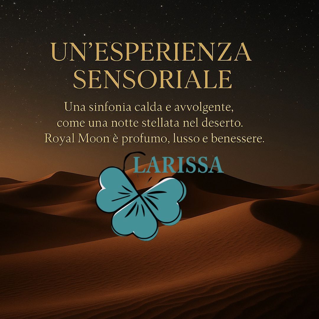 Paesaggio desertico con testo. Logo Larissa e trifoglio. Testo sull'esperienza sensoriale. Nome del prodotto non visibile.