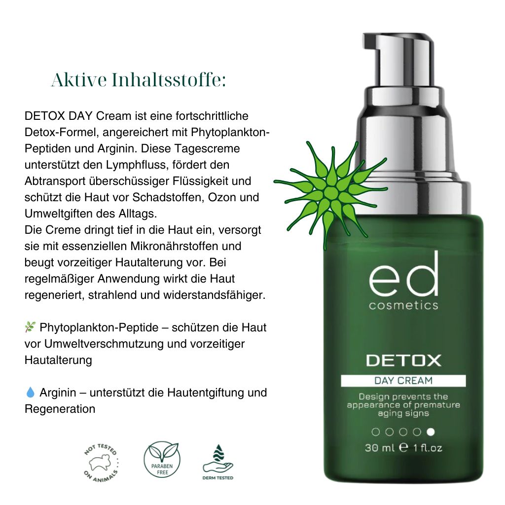 Flacone verde con dosatore argento. Testo: ED cosmetics, Detox Day Cream. Informazioni aggiuntive.