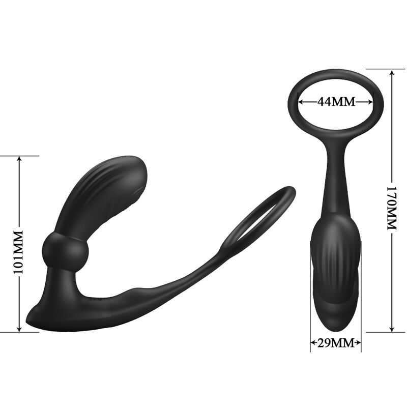 Vibratore ad anello anale nero, vista laterale, con estremità scanalata e stelo arrotondato.