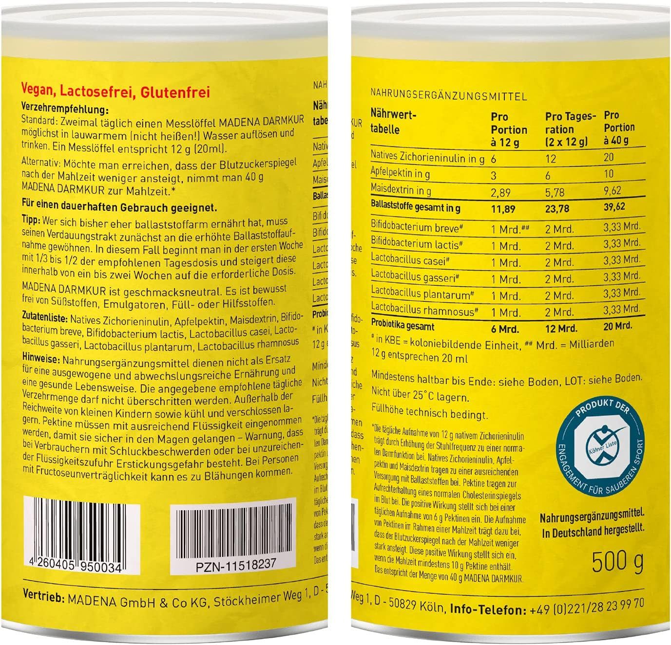 Barattolo giallo MADENA Darmkur, retro con tabella nutrizionale e ingredienti. Testo: Vegano, senza lattosio, senza glutine. 500 g.