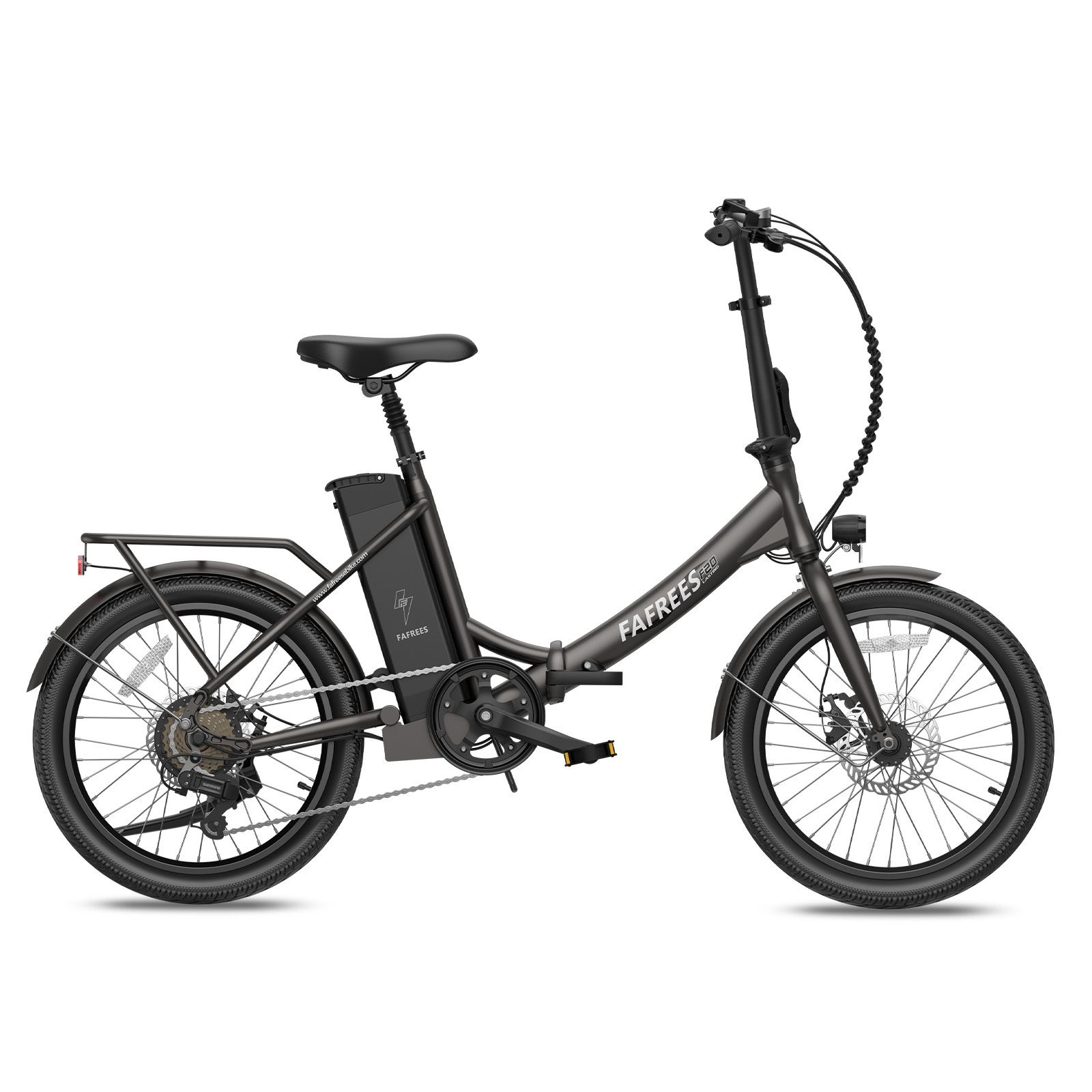 E-bike Fafrees F20, antracite. Vista laterale. Con portapacchi, parafanghi e batteria. Marchio e nome del modello.