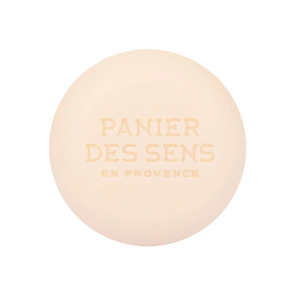 Shampoo solido rotondo. Scritta: Panier des Sens. Colore: bianco.