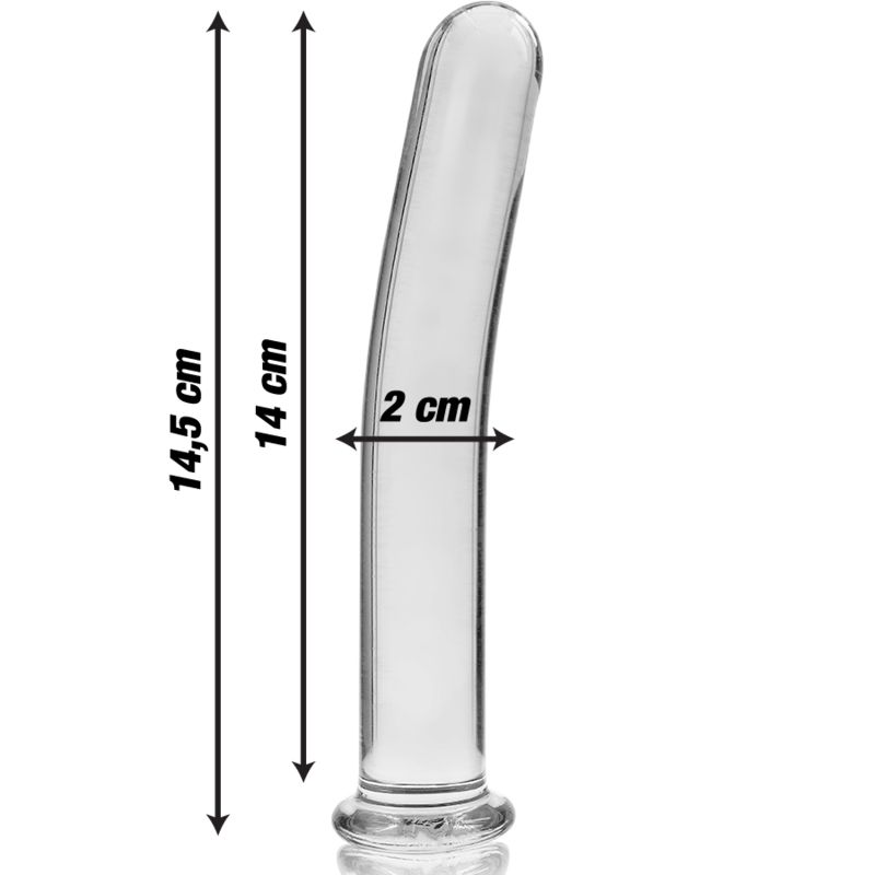 Dildo in vetro borosilicato, modello 8, con dimensioni: 14,5 cm lunghezza, 2 cm larghezza.