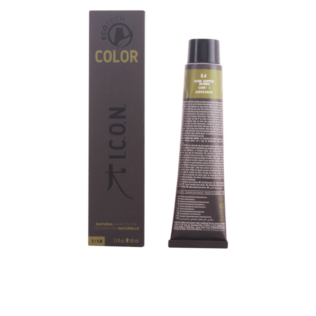 Tubo e scatola di tinta per capelli. Tubo con scritta 6.4, rame scuro. Scatola con scritta COLOR e logo I.C.O.N.