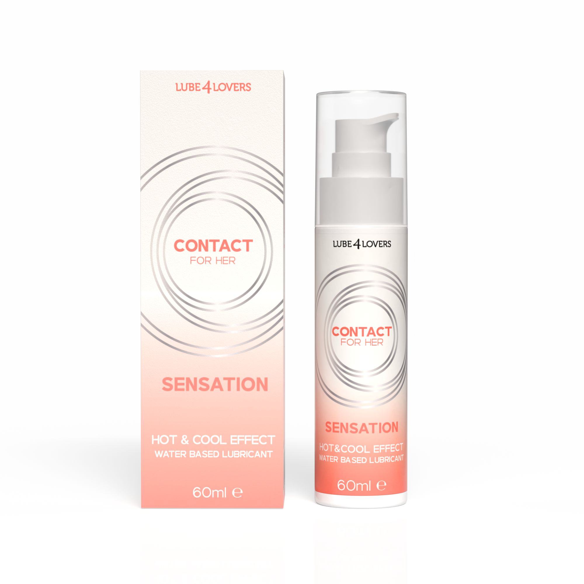 Flacone bianco-rosa con dosatore e scatola. Scritta: CONTACT FOR HER, SENSATION, HOT & COOL EFFECT, 60ml.