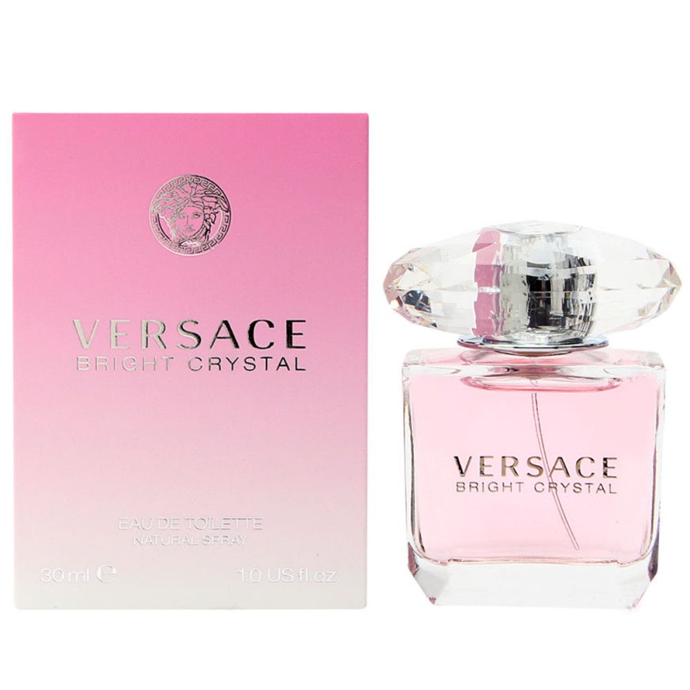 Flacone rosa con tappo di cristallo e confezione. Scritta: Versace Bright Crystal. 30 ml.